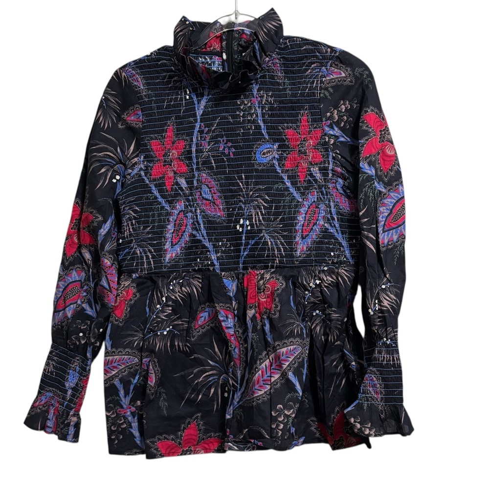 Tuckernuck Sz Md Smocked Floral Ruffle Neck Peplum Blouse Top Women's